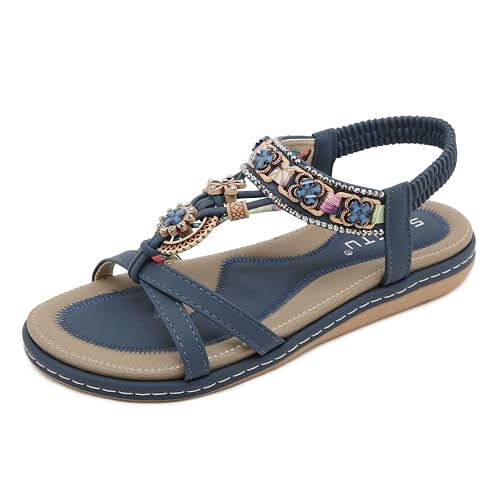 Youpin Source Damen Rhinestones Blume Strand Sandalen Freizeit Flache Schuhe Sommer,Blau,41