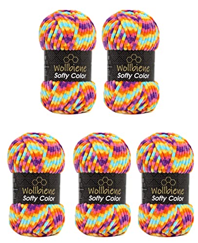 Wollbiene Softy Color 5 x 100 Gramm Chenillewolle Strickwolle, Babywolle, 500 Gramm Wolle Super Bulky (regenbogen 119)