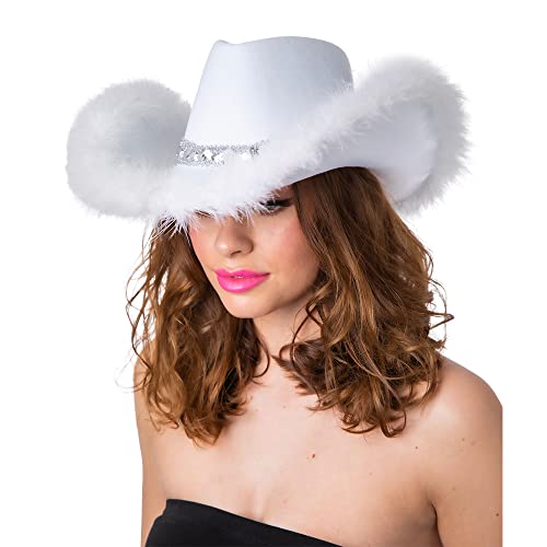 Wicked Costumes Texanische Cowboyhut für Erwachsene, Kostüm, Partyzubehör (weiße Pailletten und Feder)