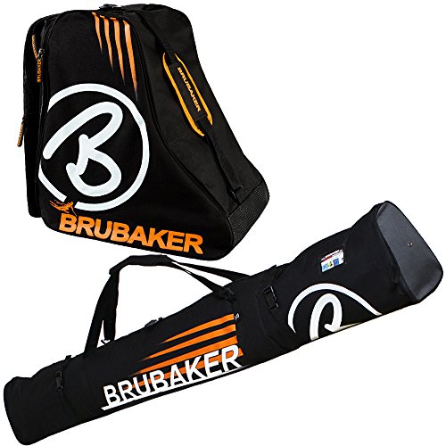 Brubaker Davos Kombi Set - Skisack und Skischuhtasche für 1 Paar Ski bis 190 cm + Stöcke + Schuhe - Schwarz Orange