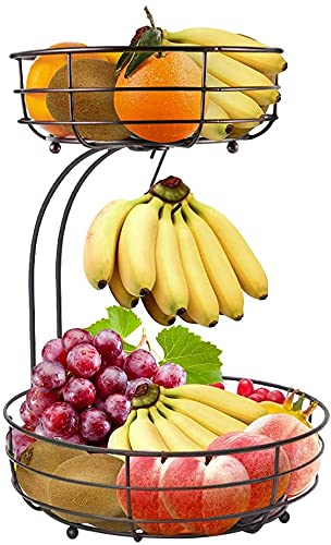 Obstkorb 2 Stöckig Obstschale mit Bananenbügel Arbeitsplatte Metall Obstschale Lagerung Küchenregal hält Obst und Gemüse frisch (Bronze)