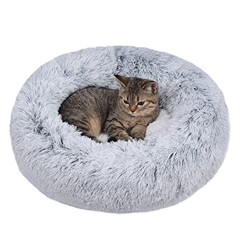 Eidoct Plüsch-Donut-Katzenbett, rund, weich, flauschig, Plüsch-Haustierbett mit rutschfester Unterseite, Kätzchen-Hundenest, waschbar, Katzen-Schlafbett, Kätzchen, Schlafen (hellgrau)
