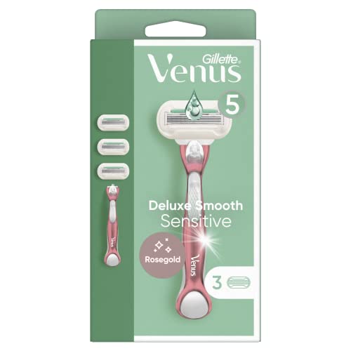 Gillette Venus Extra Smooth Sensitive Rosegold Rasierer Für Damen mit Metallgriff + 3 Extra Klingen, Mit 5 Klingen
