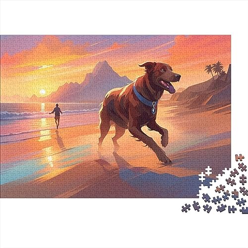 Hunde Laufen Strand Sonnenuntergang 500-teiliges Puzzle für Erwachsene lustiges Spielzeug Bildungsspiel Spielzeug Denkspiel Heimdekoration Herausforderung pädagogisch 500 Stück (52 x 38 cm)
