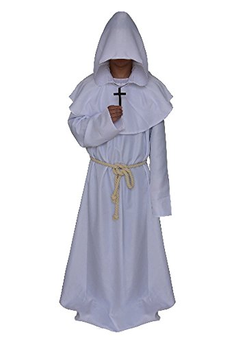 Renaissance Mittelalter Mönch Mönch Priester Druide Kapuzenjacke Mantel Cosplay Kostüm Weiß L