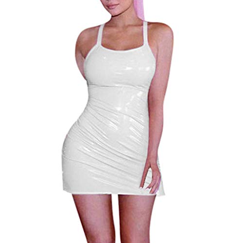 Short Club Damen Leder Mini Solid Kleid Bodycon Nacht Sexy Party Wetlook Damenkleid Kleid (Weiß, XL)
