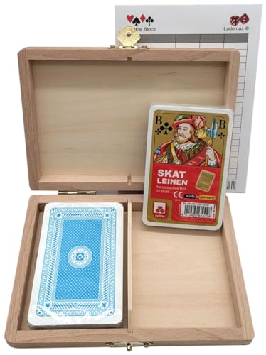 Skat Box NSV Leinen Gold Card Premium, Kassette mit Zwei Skat Kartenspielen mit Leinen Struktur