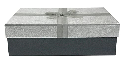 Emartbuy Starre Geschenkbox, 33,5 x 25 x 11,5 cm, dunkelgraue Box mit silberfarbenem Deckel, graues Stoff-Dekoband und 100 g geschreddertes Papier in schwarz
