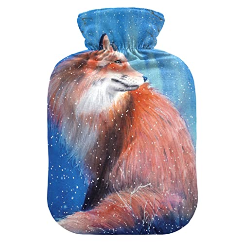 YOUJUNER Wärmflasche mit Winter-Schnee-Fuchs Bezug, Groß 2 Liter Heißwasserbeutel Heißwasserbeutel Bettflasche