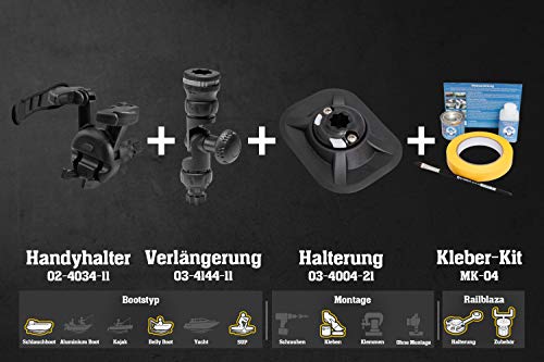 Railblaza Set Handyhalter + Adjustable Extender + Halterung RibPort + Kleber, Farbe:schwarz