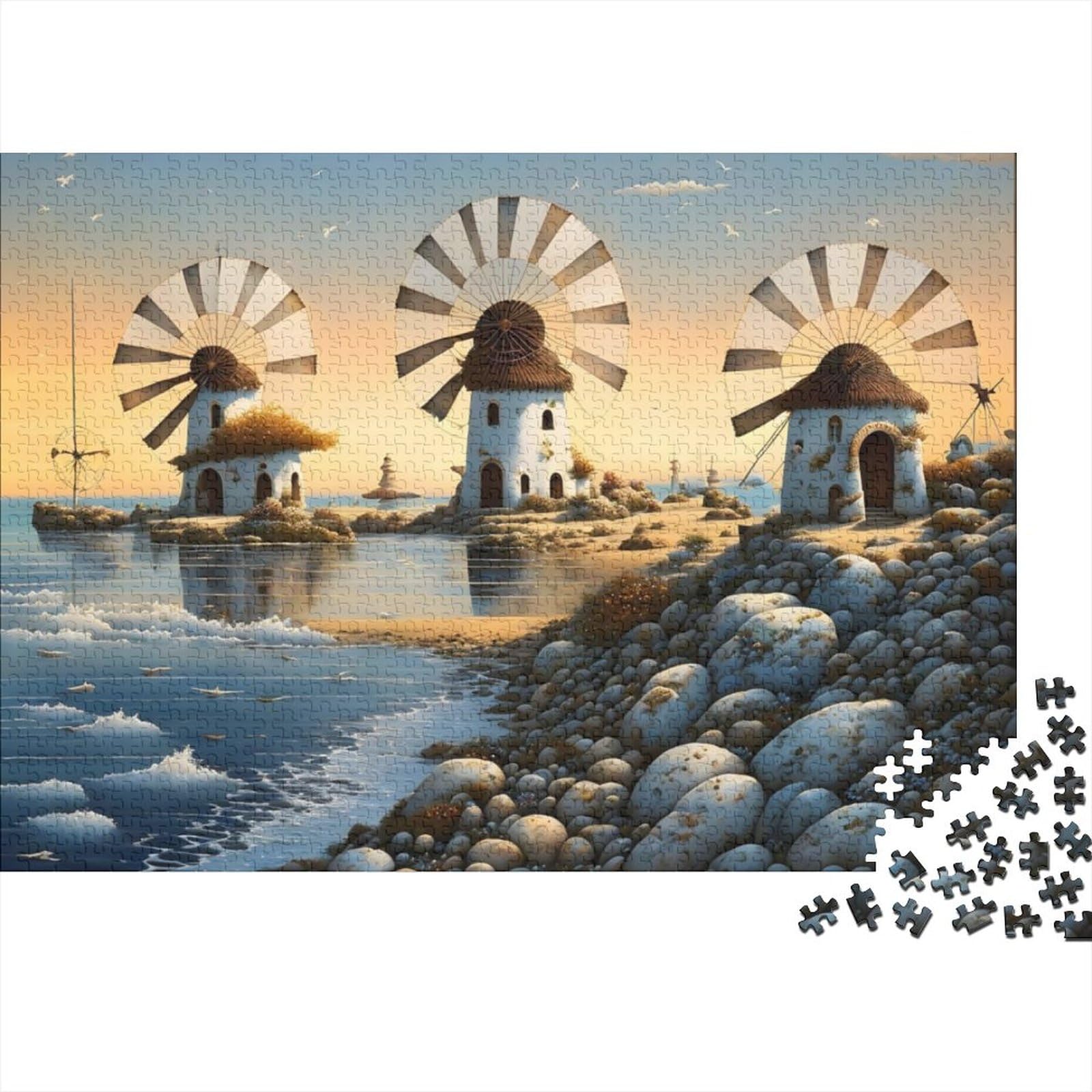 Strand, Windmühlen Puzzles für Erwachsene, Spaß, 500 Teile, Spielzeug, Bildung, Spiel, Dekoration, Spielzeug, Intellektuelles Spiel, 500 Stück (52 x 38 cm)