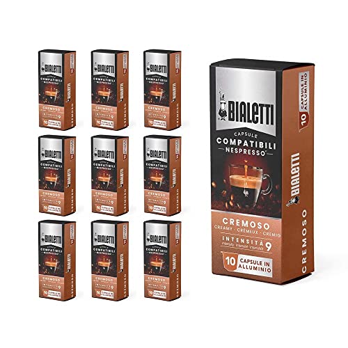 Bialetti kompatible Nespresso-Kapseln, cremiger Geschmack (Intensität 9), 100 Aluminiumkapseln (10 Packungen mit 10 Kapseln), 900 g