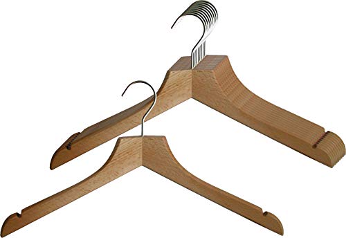 MAWA Holzkleiderbügel mit Rockeinkerbung, 10 Stück, hochwertiger Holzbügel für Blusen, Tops und Röcke, 360° drehbarer Haken, Kleiderbügel aus Buchenholz, 45 cm, Natur