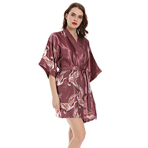 Damen Kimono Roben Ankleidekleid, Damenkleid Nachthemd Kleid Imitation Silk Roben V-Ausschnitt Weiche Druck Bademantel Pyjamas 005-S