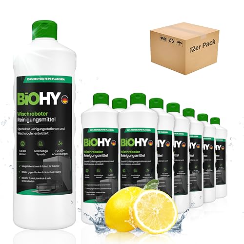 BiOHY Wischroboter Reinigungsmittel (12 x 1 Liter) | Speziell für Reinigungsstationen entwickelt | Verlängert die Lebensdauer der Absaugstation | Schaumarmes Bodenreiniger Konzentrat