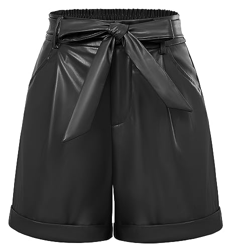 Belle Poque Sommer Shorts mit Schleife Leder Kurze Hose mit Taschen Schwarz L