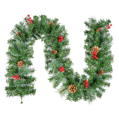 270 cm 9ft Weihnachtsgirlanden mit Schneeflocken Dekoration, 240 Spitzen Kiefer Blatt, 12 Tannenzapfen, 12 Roten Beeren, Künstliche Grün Rattankränze, Weihnachtsdekorationn Hängetreppe Fenster Wand