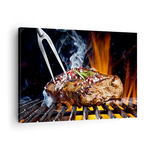Bild auf Leinwand - Leinwandbild - Steak Grill Flammen Essen - 70x50cm - Wand Bild - Wanddeko - Leinwanddruck - Bilder - Kunstdruck - Wanddekoration - Leinwand bilder - Wandkunst - AA70x50-2865