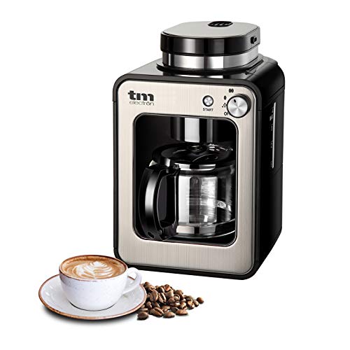 TM Electron Mini-Kaffeemaschine mit Kaffeemühle, 4 Tassen, für Kaffeebohnen, 600 W, waschbarer Filter silber