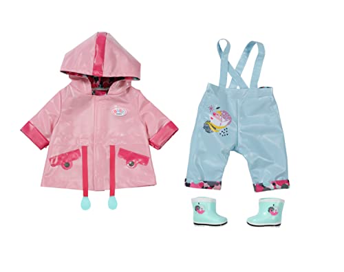 Zapf Creation 832578 Baby Born Deluxe Regen 43cm-Puppenkleidung Regenkleidung, Set mit rosa Regenjacke, Blauer Matschhose und Gummistiefeln