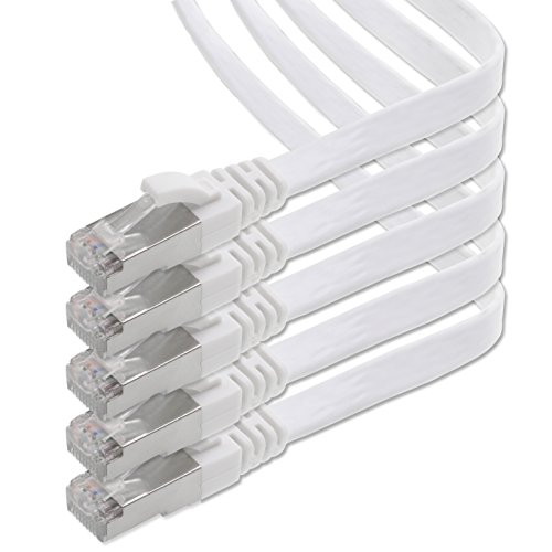 1aTTack.de 3m - weiß - 5 Stück CAT.7 Gigabit Ethernet LAN Flachband Flachbandkabel (RJ45) Netzwerkkabel Rohkabel (10Gbit/s) Verlegekabel Flach Slim kompatibel zu Cat.5 - Cat.5e - Cat.6