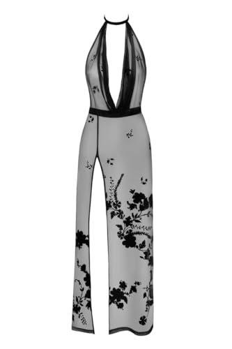 Noir Handmade F312 langes Kleid aus Netzmaterial mit tiefem Ausschnitt S