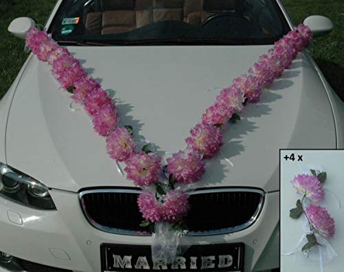 DAHLIEN Girlande Auto Schmuck Braut Paar Rose Deko Dekoration Autoschmuck Hochzeit Car Auto Wedding Deko PKW (Creme Pink/Weiß)