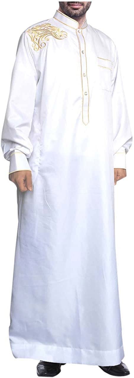 zhxinashu Männer Einfarbig Thobe Abaya Dubai Stil Kurzarm Roben,Weiß,M
