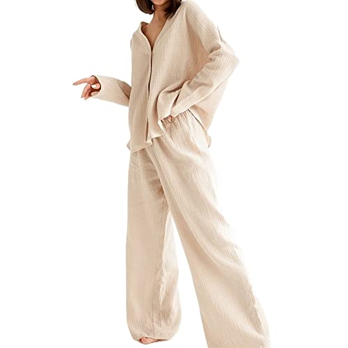 Sommer Mode Hemd Pyjama Baumwolle Pyjama Zwei Sets von Damen Home, khaki, M