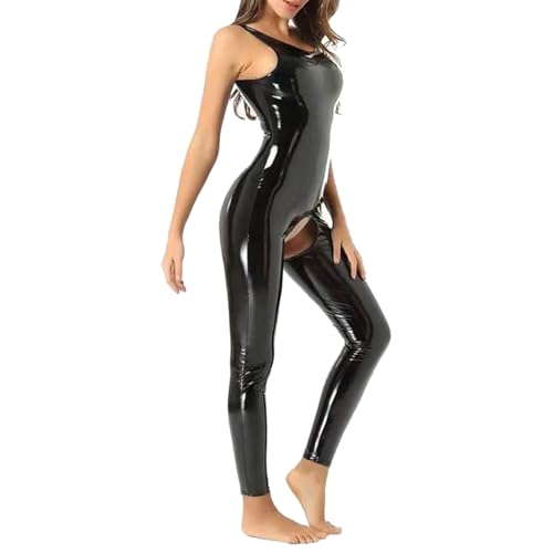 Damen Metallic Catsuit Bodysuit - Glänzender Einteiler Jumpsuit, PU-Leder Ärmellos, Schwarz, 5X-Large