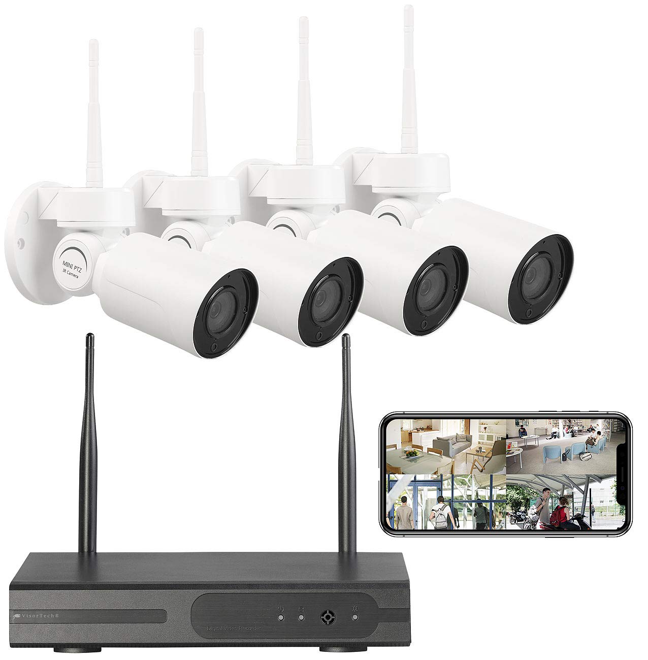 VisorTech Funk-Überwachungssystem mit HDD-Rekorder, 4 PT-Kameras, App, H.265