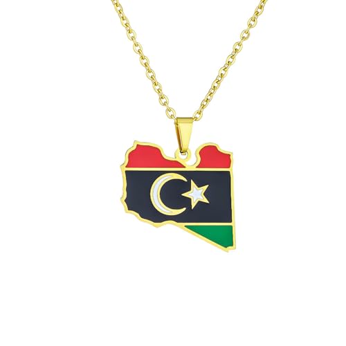 TWOMEM Halskette Anhänger Europäische und amerikanische Libyen-Karte-Flaggen-Halskette für Männer und Frauen im Retro-Ethno-Stil Geburtstag Party Geschenk