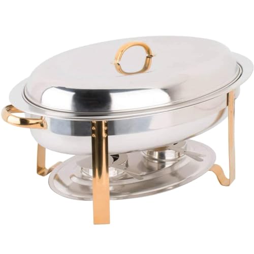 RSBFER Edelstahl-Chafing-Dish-Set, ovaler 6-Liter-Buffetwärmer mit Lebensmittelpfanne, Wasserpfanne, Rahmen, Deckel und Brennstoffhalter für Catering-Partys,Gold
