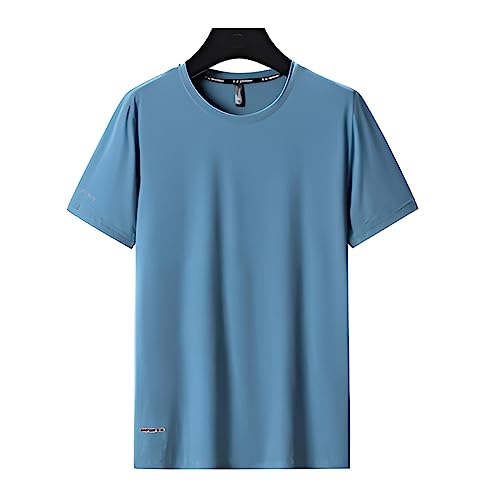 VUIOYRG Rundhals-T-Shirt aus Eisseide, Sommer-T-Shirt aus Eisseidenstoff, schnell trocknende, kurzärmlige Sport-Fitness-T-Shirts (Hellblau,5XL)