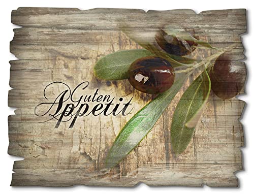 Artland Wandbild aus Holz Shabby Chic Holzbild rechteckig 40x30 cm Querformat Essen Oliven Toskana Guten Appetit Mediterran Braun H6ZI