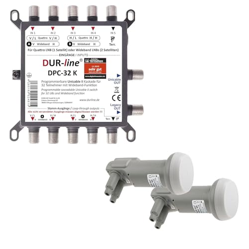 DUR-line DPC-32 K LNB Set - Unicable I+II Wideband Multischalter +2xLNB Set für 32 Teilnehmer - 2 Satelliten + Terr. – Einkabellösung