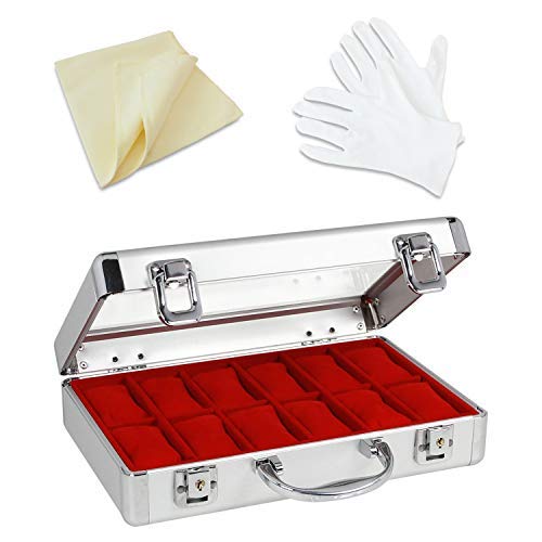 SAFE 265-1 ALU Uhrenaufbewahrungsbox Herren für 12 Uhren - inklusive Handschuhe und Reinigungstuch - Schmuckhalter in rotem Samt - abschließbare Uhren Box mit Glasdeckel und abnehmbaren Uhrenkissen