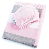 sei Design Baby Decke aus 100% Baumwolle 90 x 70 | kuschelige Strickdecke + Mütze | Ideal als Erstlingsdecke, Kuscheldecke, Puckdecke für Mädchen in hübscher Geschenk-Verpackung