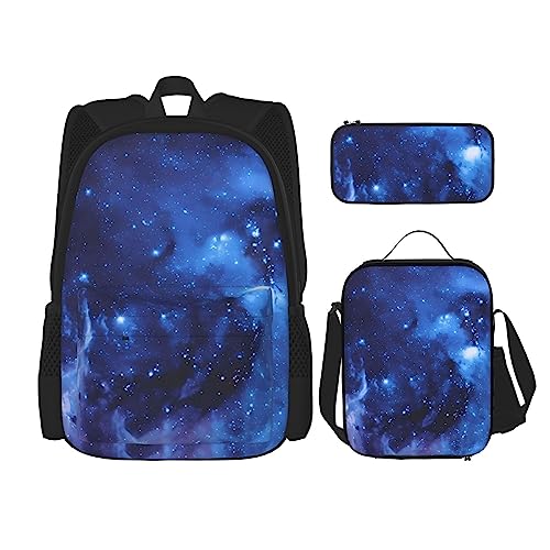 PartyUnix Blau Galaxy Prints Rucksack 3-teilig Schulranzen mit Brotdose und Federmäppchen Set - Geeignet für Jungen und Mädchen, Schwarz , Einheitsgröße, Kinderrucksack