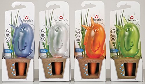 Scheurich Wasserspender Bördy M | 4er Set Lila/Grün/Transparent/Orange | 220 ml Füllmenge | Bewässerungskugel klein mit Ton Fuß | Wasserspender Pflanzen und Blumen Terrakotta Stiel