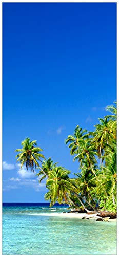 Wallario Selbstklebende Türtapete Blauer Himmel weißer Strand Palmen und das tiefblaue Meer - 93 x 205 cm Abwischbar, rückstandsfrei zu entfernen