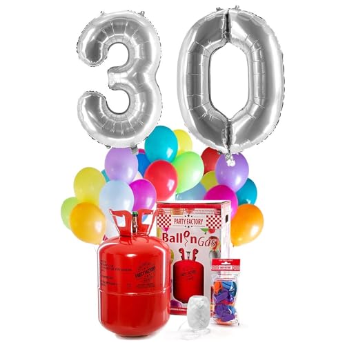 PARTY FACTORY Helium Geburtstags-Komplettset "30" - mit XXL Zahlenballons, 0,4m³ Ballongas, Ballonschnur & 30 bunten Latexballons - für Geburtstag, Jubiläum, Jahrestag in verschiedenen Farben (Silber)