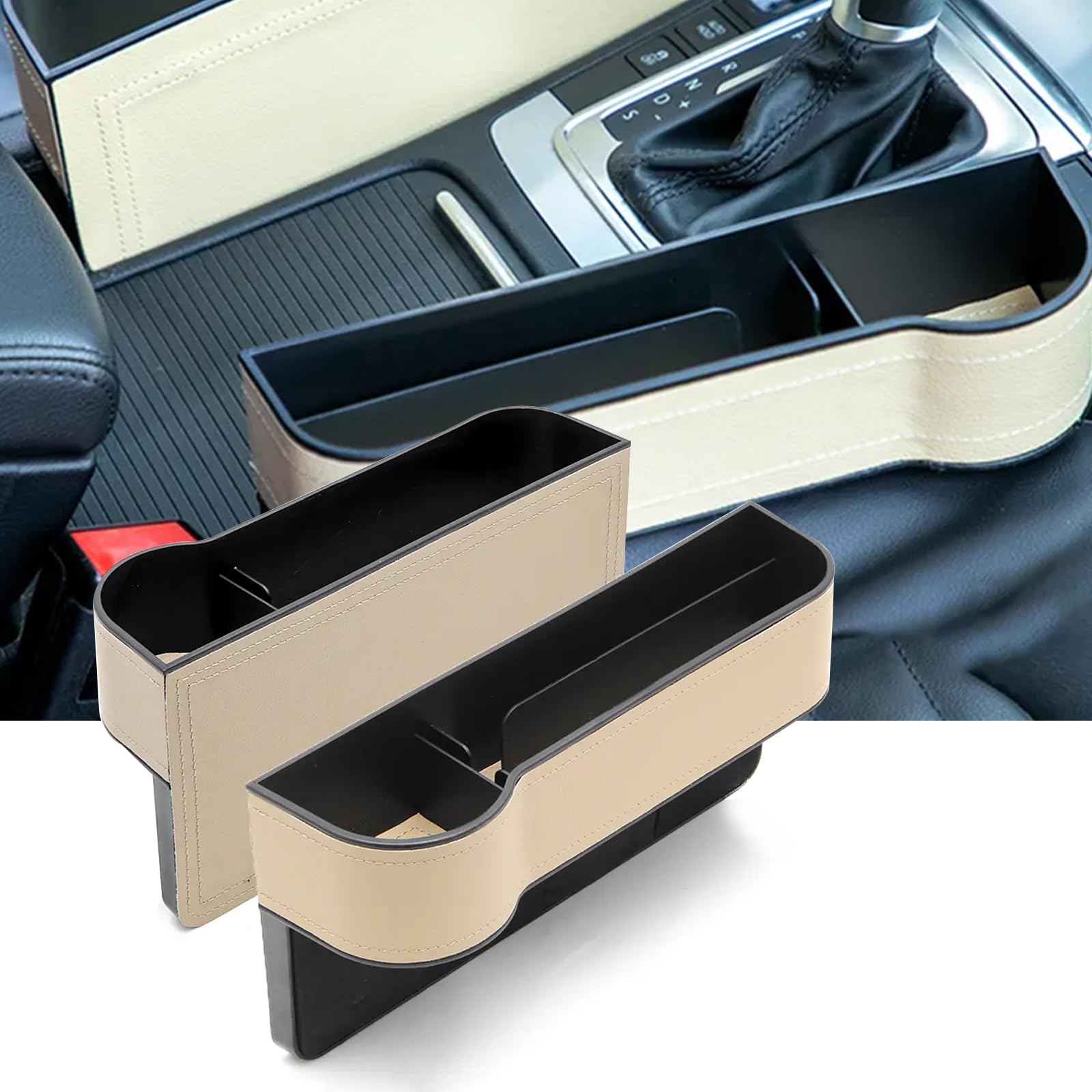 SKUNTUGUANG 2 PCS Seitentaschen-Organizer - Autositz Füller Gap Space Console Aufbewahrungsbox Flaschen Getränkehalter Münzsammler mit Loch für USB-Kabel, Car Interior Zubehör (Beige Leder)