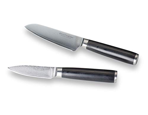 Echtwerk 2-teiliges Damaszener Messer Set, Santokumesser ca. 13cm/Schälmesser ca. 8cm, Damaststahl, Messergriffe aus Pakka-Holz, Inkl. Aufbewahrungsbox