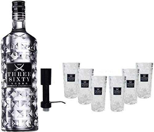 Three Sixty Set Geschenkset ? Three Sixty Wodka Vodka 3L 3000ml (37,5% Vol) + Pumpe + 6x Shotgläser Glas 2 und 4cl geeicht- [Enthält Sulfite]