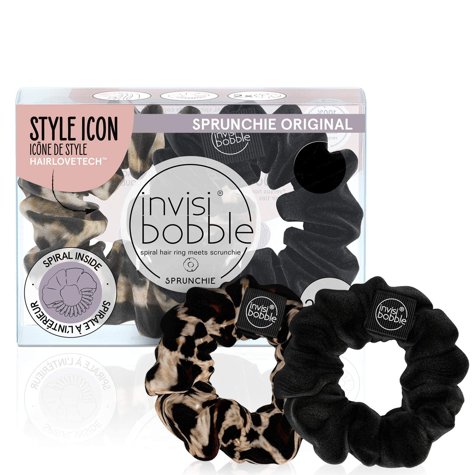 invisibobble Sprunchie Spiral-Haarring – True Black und Purrfection – 2 Stück – Haargummi, stilvolles Armband, starker elastischer Griff, Spulenzubehör für Damen, sanft für Mädchen, Teenager und