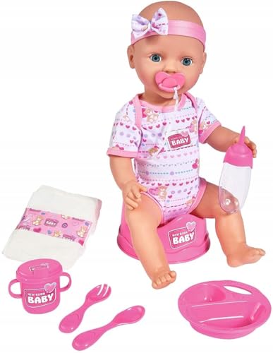 Simba 105039005 - New Born Baby Puppe, für Kinder ab 3 Jahren, Spielpuppe mit Funktionen (kann trinken und Pipi machen), Set (8 Teile) mit Babypuppe & Zubehör