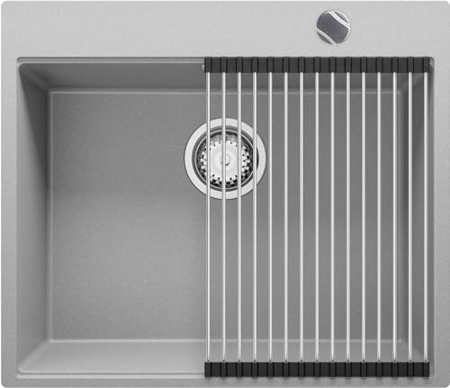 Granitspüle Grau 59x50 cm, Spülbecken + Ablauf-Set (Drehknopf), Küchenspüle für 60er Unterschrank, Einbauspüle von Primagran