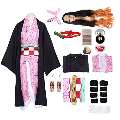 kelihood Demon Slayer Cosplay: Kamado Nezuko Cosplay Kimono Rollenspiel Kostüm Halloween Outfits für Nezuko Cosplay Erwachsene Kostüme-Erwachsene_S