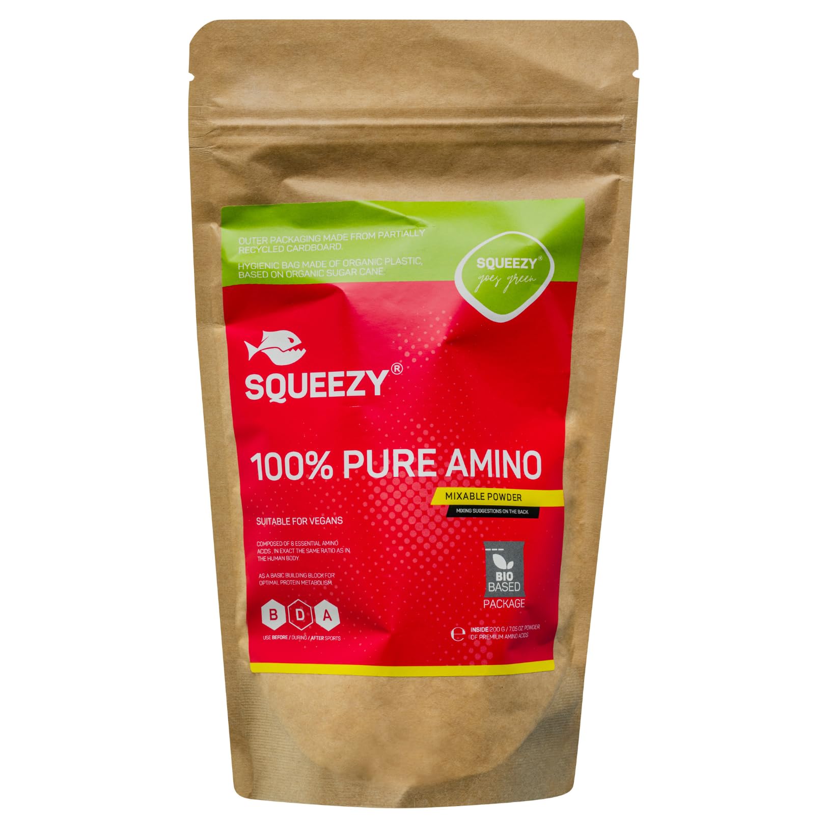 Squeezy 100% Pure Amino Powder | Eiweiß Protein Pulver | 8 essentielle & sehr gut verwertbare Aminosäuren (EAA) | Regeneration nach dem Sport & Vorbeugung gegen Muskelkrämpfe & Schmerzen